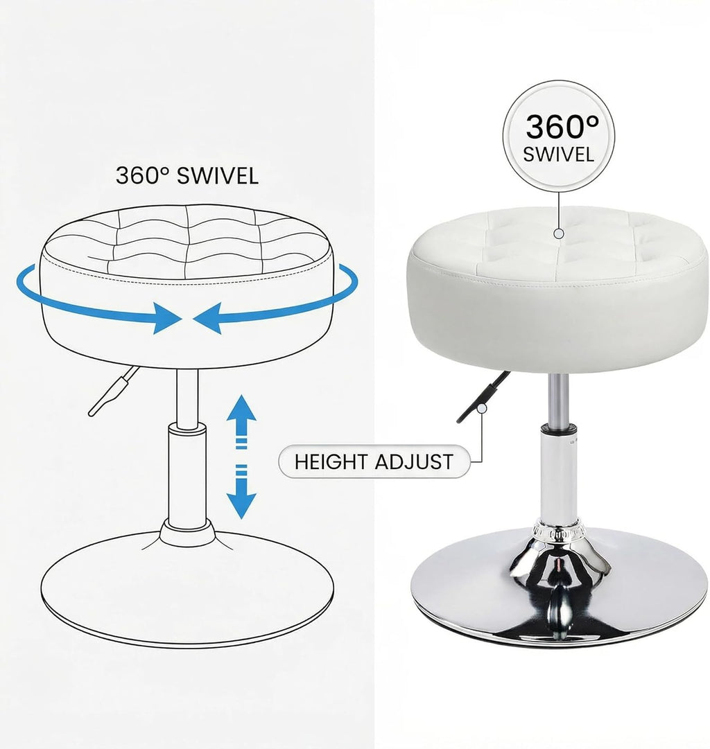 Furnimart Modern 360° Swivel Round White Vanity Ottoman Stool,Faux Leather Contemporary Makeup Accent Stool for Bedroom Living Room Entryway (Pu-White)