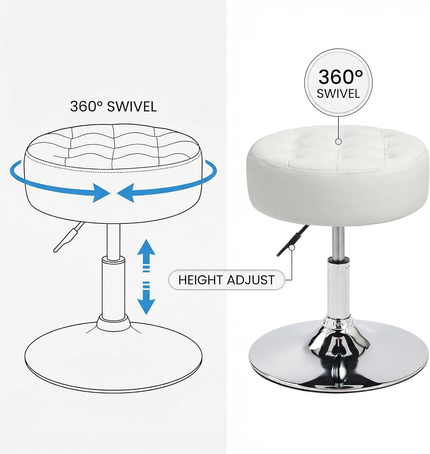 Furnimart Modern 360° Swivel Round White Vanity Ottoman Stool,Faux Leather Contemporary Makeup Accent Stool for Bedroom Living Room Entryway (Pu-White)