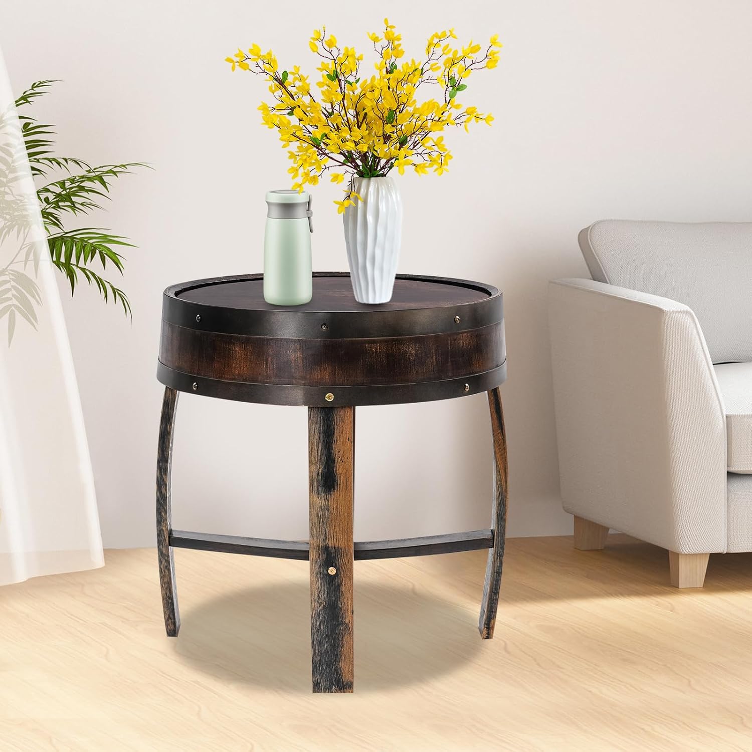 Whiskey Barrel Table 24 Inch Tall Wine Barrel End Table Rustic Round Wooden Bourbon Coffee Oak Side Table Handcrafted Whiskey Barrel Accent Table for Living Room, Bedroom, Office, Brown