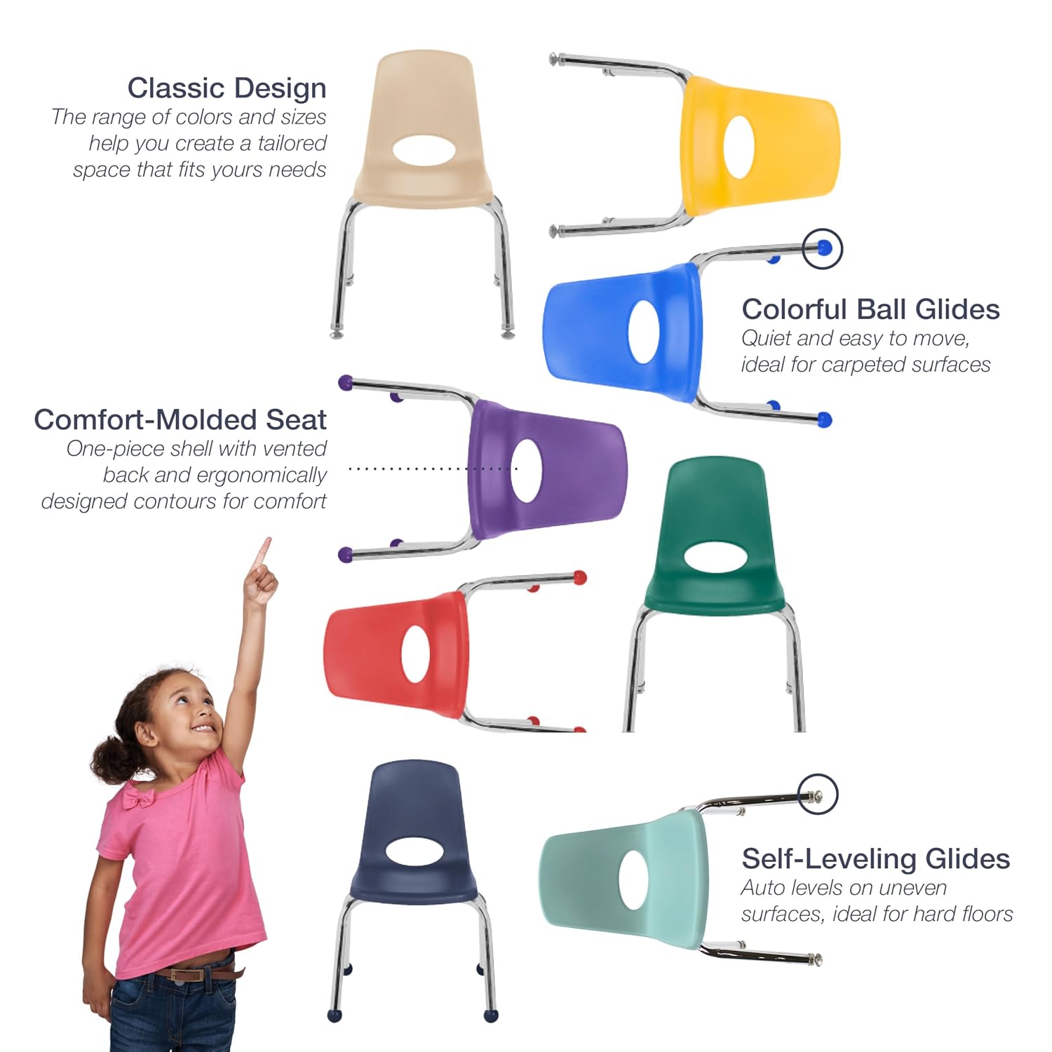FDP 10" School Stack Chair, Stacking Student Seat with Chromed Steel Legs and Nylon Swivel Glides for in-Home Learning or Classroom - Yellow(4-Pack), 13227-YE