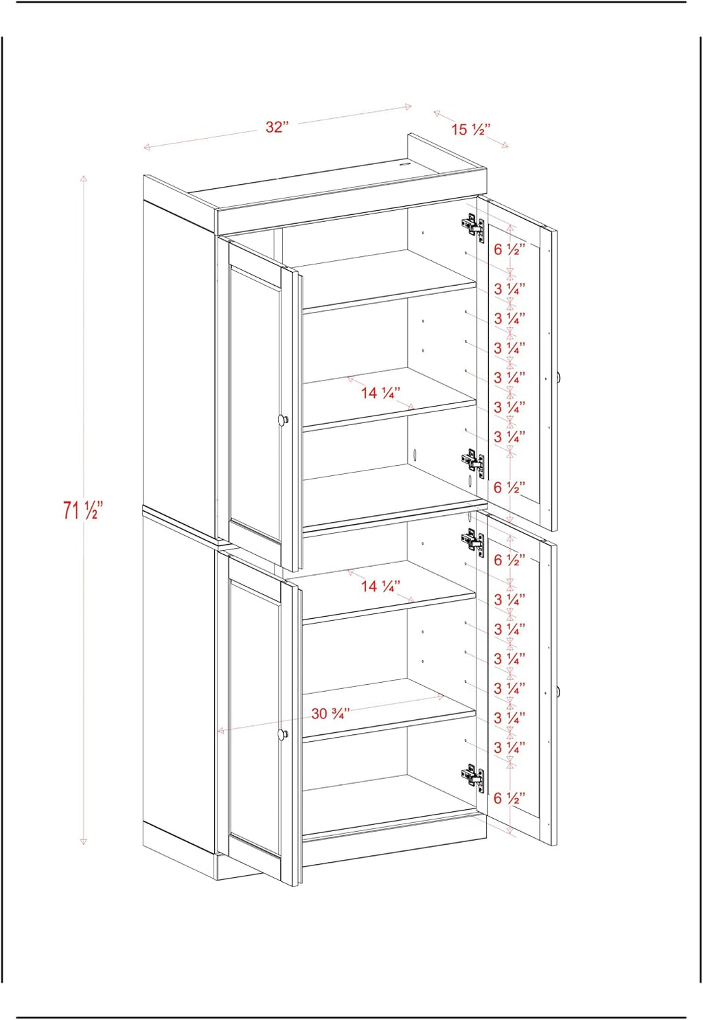 Palace Imports Solid Wood Kitchen Pantry Cabinet - 71.5" Tall x 32" Wide - Wooden Storage Cabinet with 4 Doors & Adjustable Shelves, Mocha, 100% Renewable Eco-Friendly Wood, Made in Brazil
