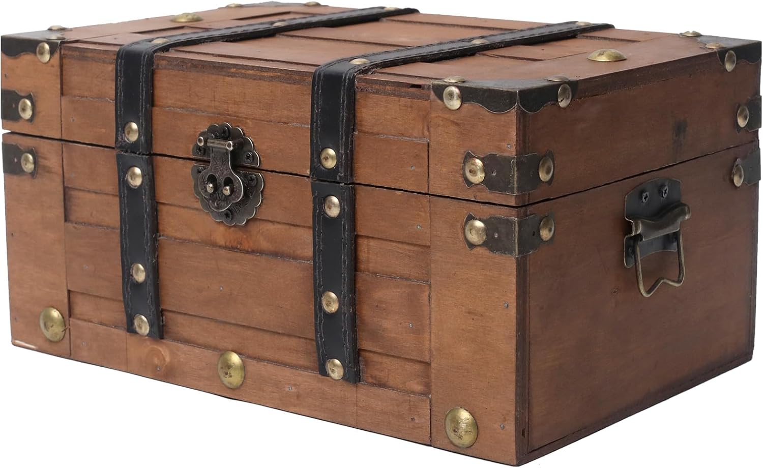 DECOR4SEASON Vintage Wooden Treasure Chest (11" x 7.1" x 5.5") - Decorative Pirate Box with Sturdy Hinged Lid - Antique Style Storage Trunk for Classroom, Keepsakes, & Party Props - Brown