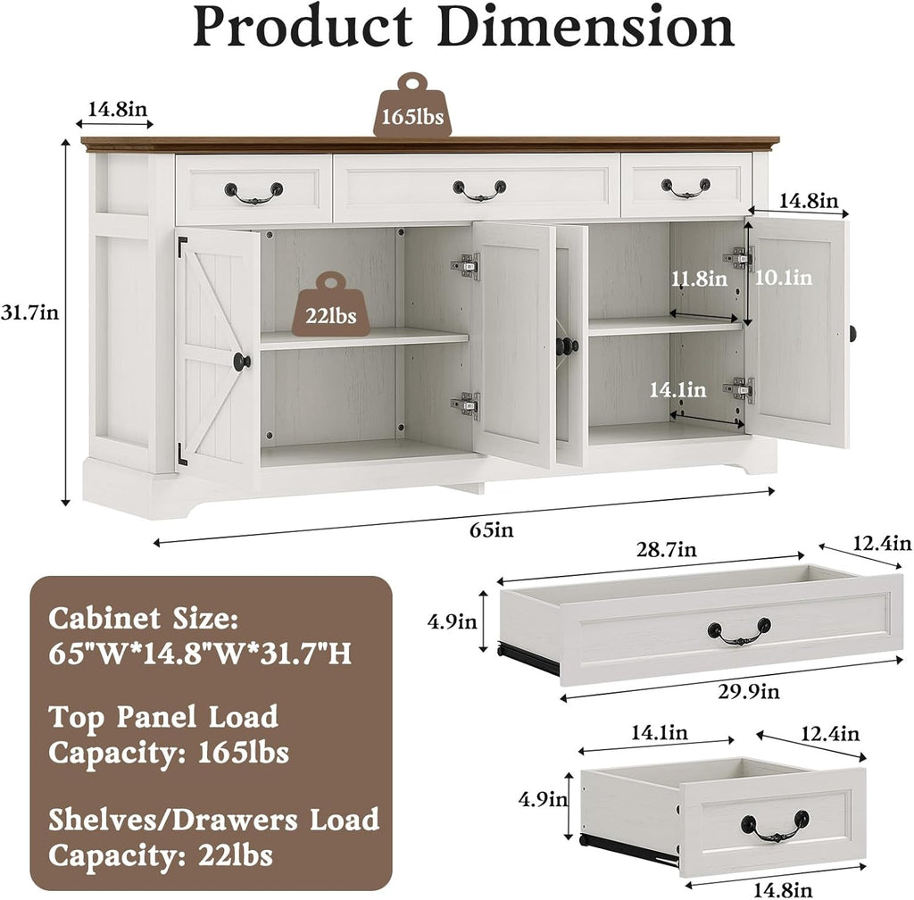Sunny Heart 65" Large Buffet Storage Cabinet, Farmhouse Kitchen Sideboard with 3 Drawers and 4 Doors, Coffee Bar Wine Bar Cabinet with Storage for Living Room, White