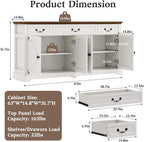 Sunny Heart 65" Large Buffet Storage Cabinet, Farmhouse Kitchen Sideboard with 3 Drawers and 4 Doors, Coffee Bar Wine Bar Cabinet with Storage for Living Room, White