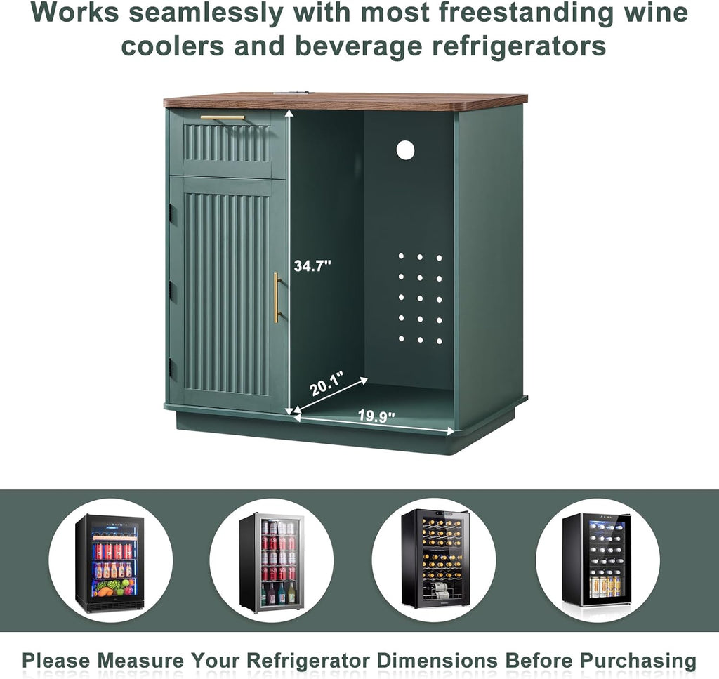 Okvnbjk Mini Fridge Cabinet with Storage & Power Outlet, Green | Coffee Bar Cabinet with Fridge Space, Modern Fluted Bar Cabinet with Drawer & Storage for Living Room, Dining Room, Dorm