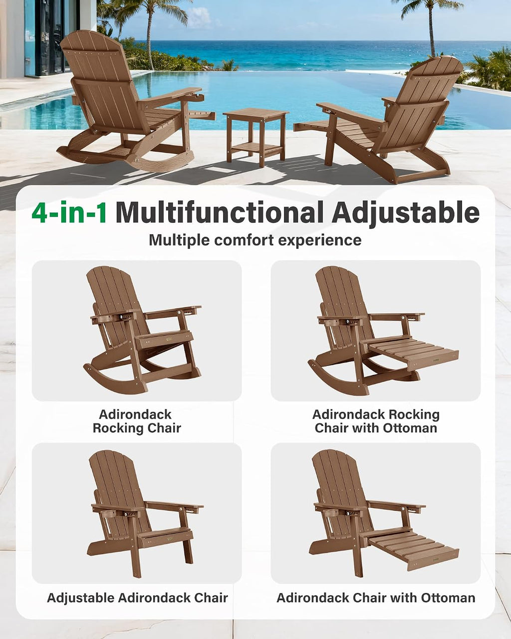 YEFU Adirondack Chairs with Retractable Ottoman: Oversize Adirondack Rocking Chairs - 5-Level Adjustable High Back - Outdoor Rocker with Cup Holder for Porch/Gardens/Lawn/Patio/Backyard/Teak