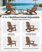 YEFU Adirondack Chairs with Retractable Ottoman: Oversize Adirondack Rocking Chairs - 5-Level Adjustable High Back - Outdoor Rocker with Cup Holder for Porch/Gardens/Lawn/Patio/Backyard/Teak