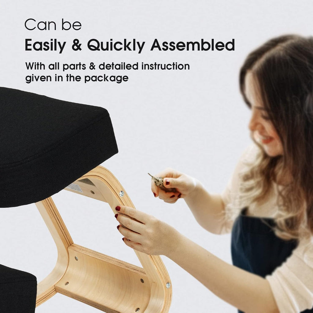 Ergonomic Kneeling Chair, Rocking Posture Desk Chair with Soft Padding, Natural Relief for Neck, Shoulder or Back Pain, Wooden Knee Chair for Home Office