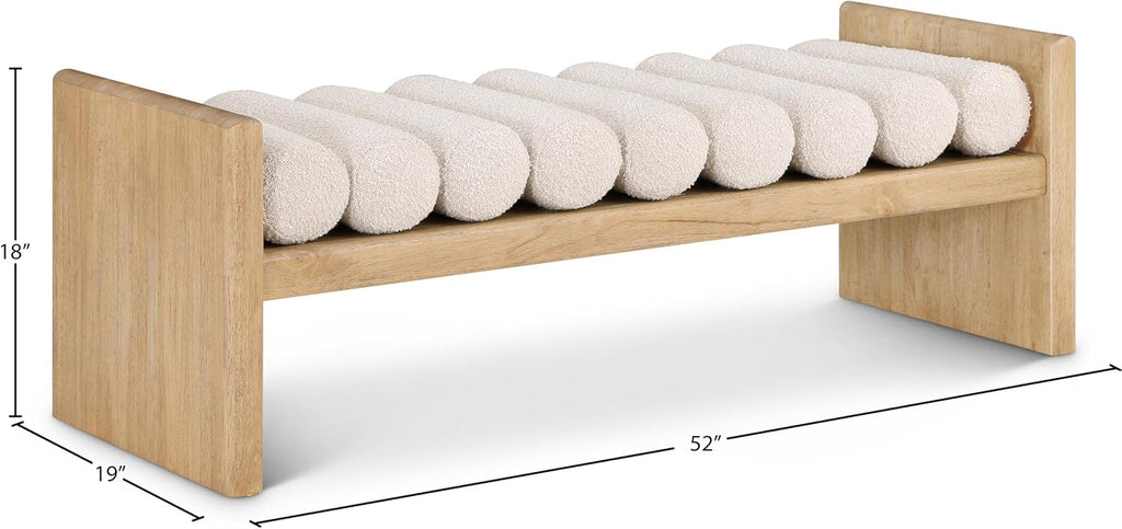 Meridian Furniture 179Cream Waverly Collection Modern | Contemporary Bench with Solid Wood Rich Natural Finish, Luxurious Cream Boucle Fabric, 52" W x 19" D x 18" H, Cream