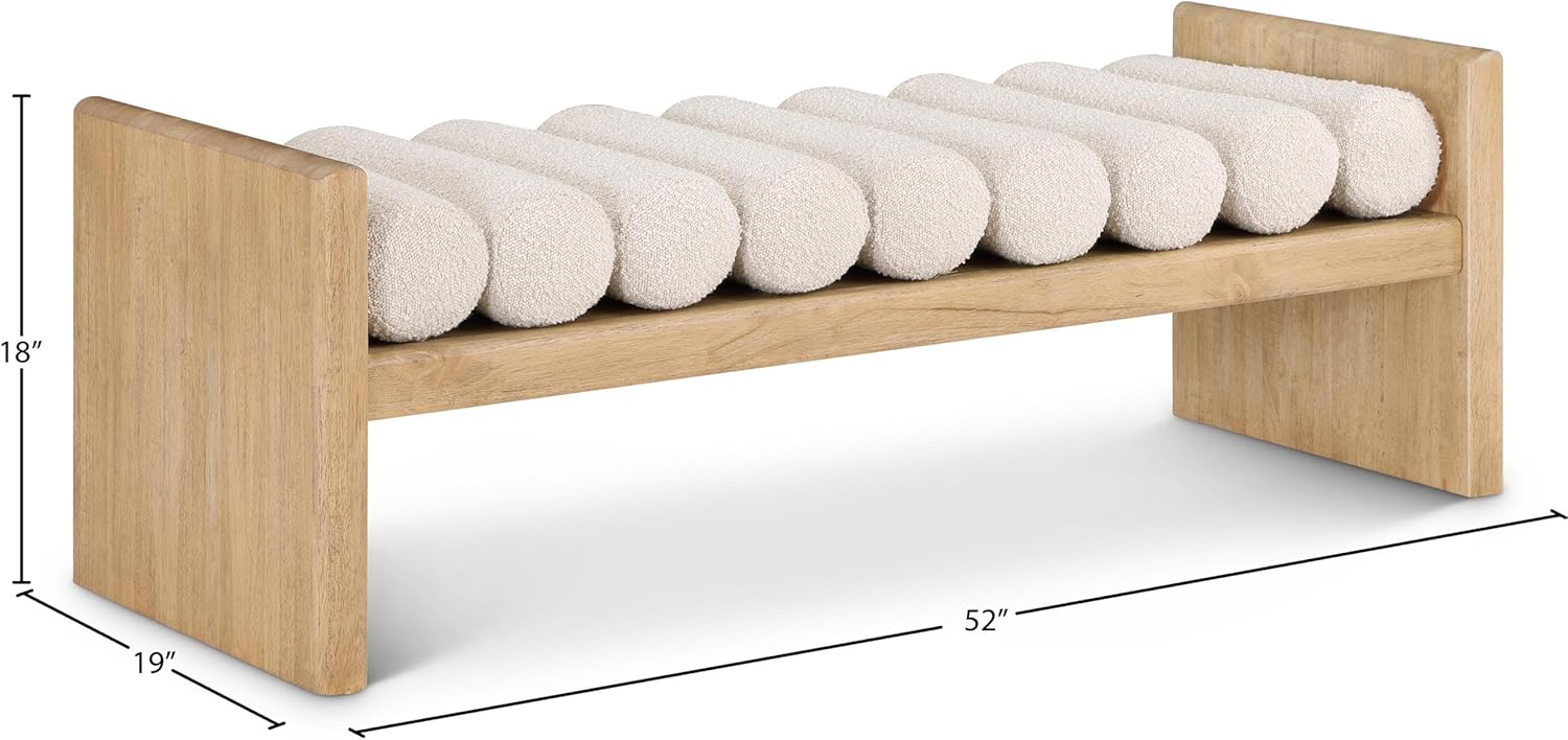 Meridian Furniture 179Cream Waverly Collection Modern | Contemporary Bench with Solid Wood Rich Natural Finish, Luxurious Cream Boucle Fabric, 52" W x 19" D x 18" H, Cream