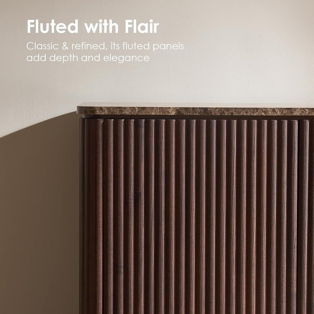 Fluted 4 Doors Sideboard Cabinet with Storage, 64" Wooden Credenza with Shelves, Faux Marble-Top Coffee Bar Console Table, Modern Buffet Cabinet for Dining, Kitchen, Living Room, Entryway, Dark Oak