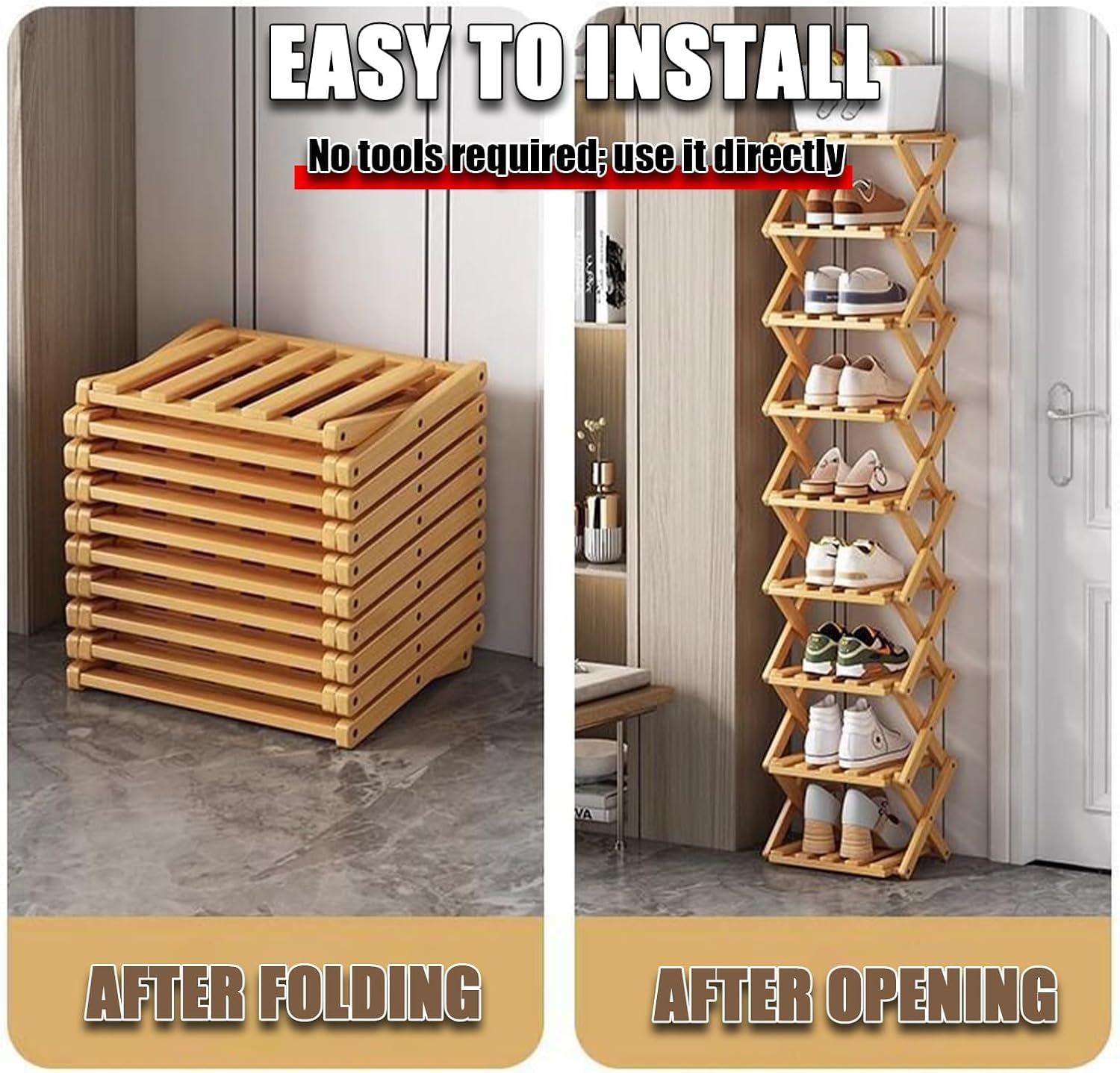 6 Tier Foldable Bamboo Shoe Rack, No Assembly Vertical Space Saving Shoe Organizer for Entryway Closet Corner Tight Small Spaces, 2026 Upgraded Natural Wood