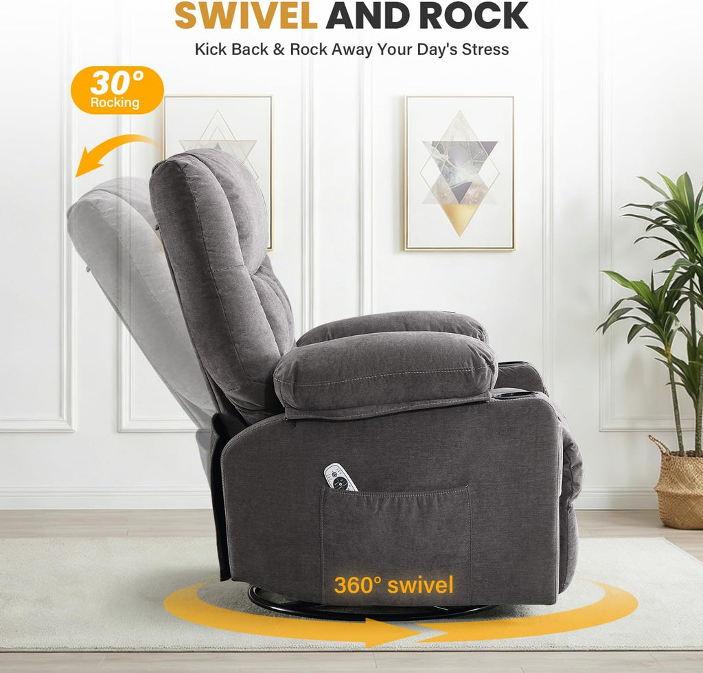 Swivel Rocker Recliner Chair with Vibration Massage and Heating Functions for Adults,Oversized Recliner Single Sofa with Side Pocket,Two Cup Holders for Living Room and Bedroom