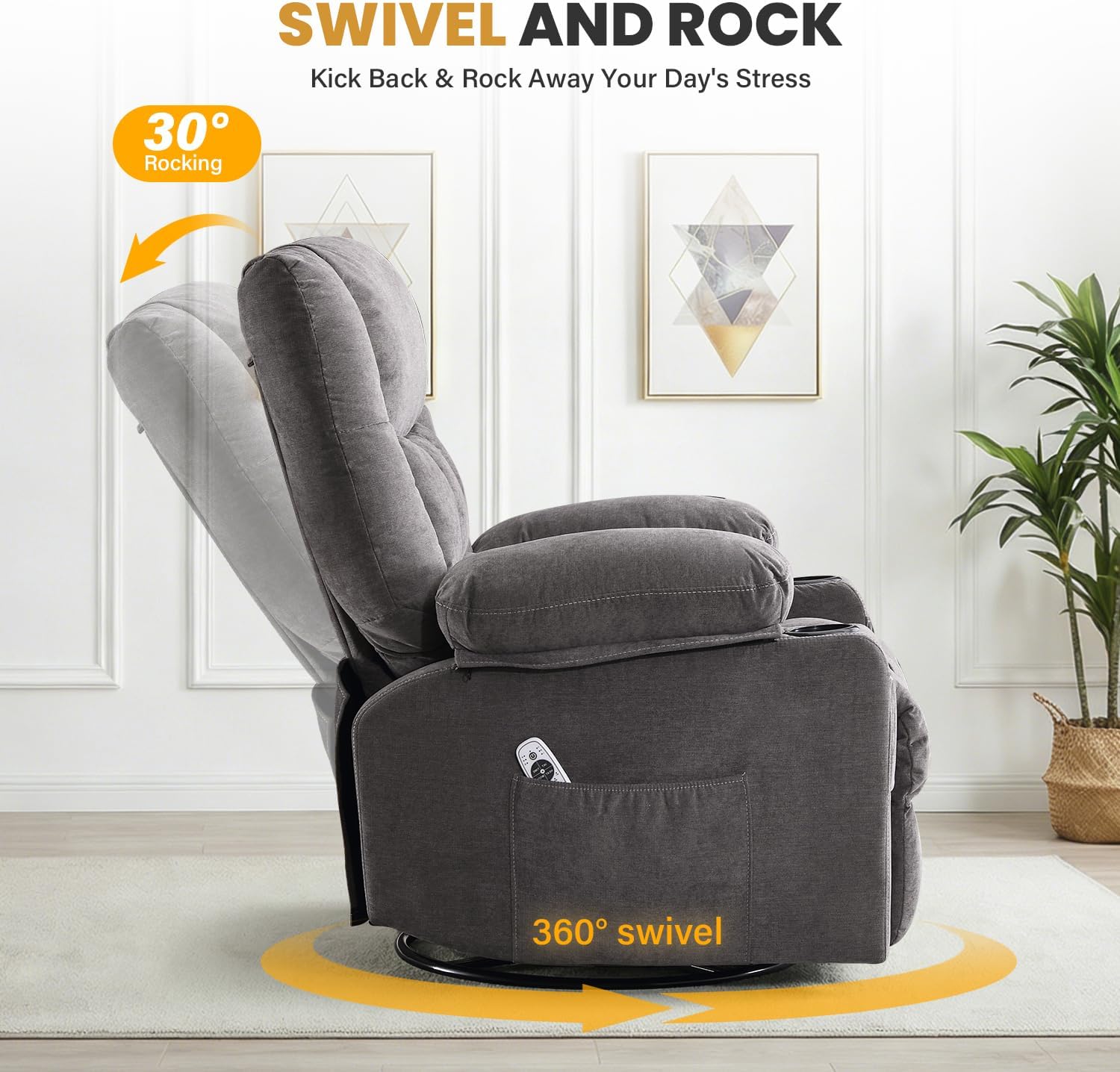 Swivel Rocker Recliner Chair with Vibration Massage and Heating Functions for Adults,Oversized Recliner Single Sofa with Side Pocket,Two Cup Holders for Living Room and Bedroom
