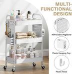 KINGRACK 3 Tier Rolling Cart with DIY Pegboard, Metal Utility Cart with Wheels, Hooks & Baskets, Sturdy Storage Organizer for Craft, Bathroom, Kitchen, Office, Nursery, Classroom (White)