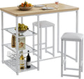VECELO Small Bar Table and Chairs Set for 2, Upholstered Stools & Glass Storage Shelves, for Kitchen Dining Breakfast Nook, Space-Saving, Natural & White