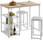 VECELO Small Bar Table and Chairs Set for 2, Upholstered Stools & Glass Storage Shelves, for Kitchen Dining Breakfast Nook, Space-Saving, Natural & White