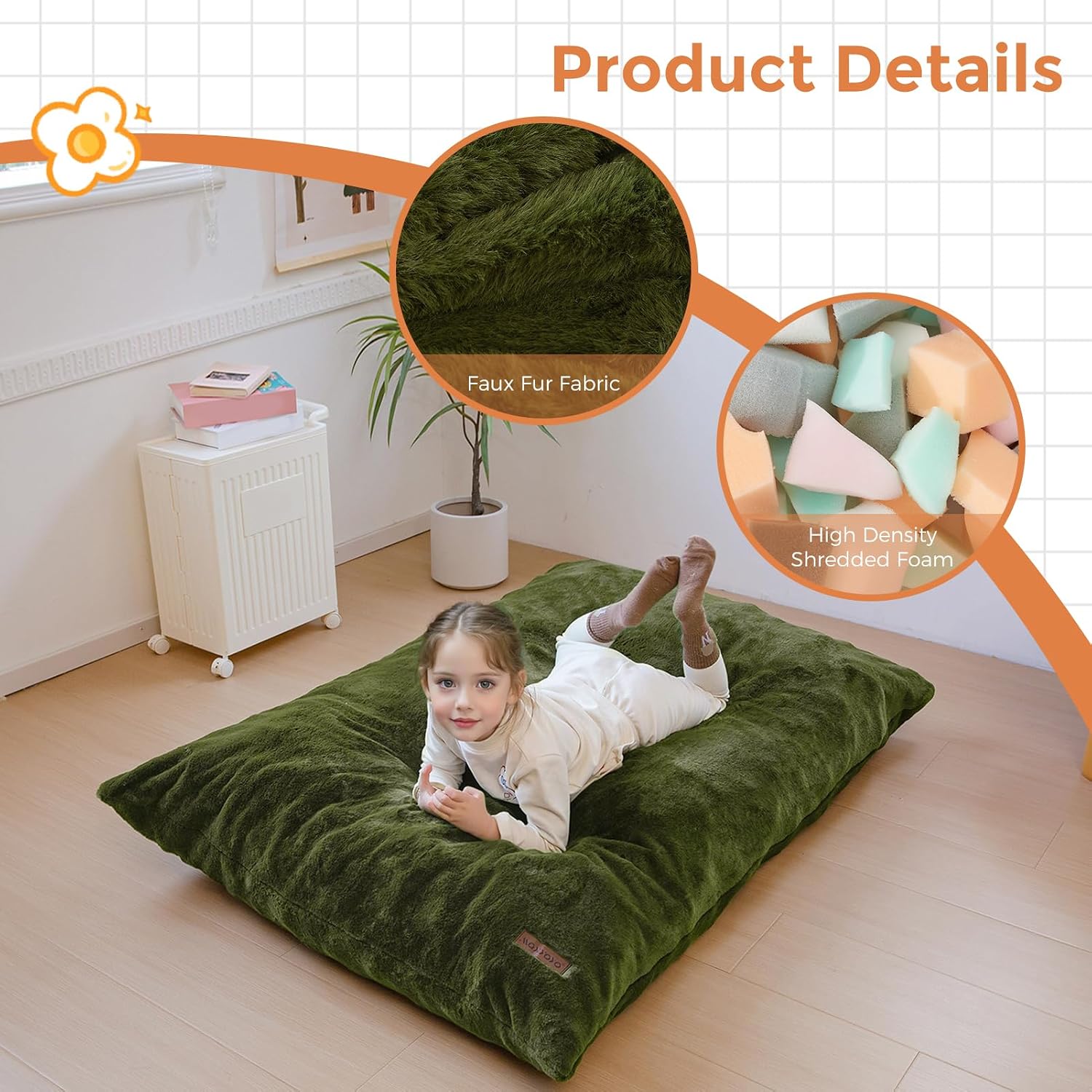 MAXYOYO 3 in 1 Kids Bean Bag Chair, Child Floor Sofa for Gaming, Reading, Faux Fur Floor Couch with High-Density Foam Filling for Living Room Bedroom