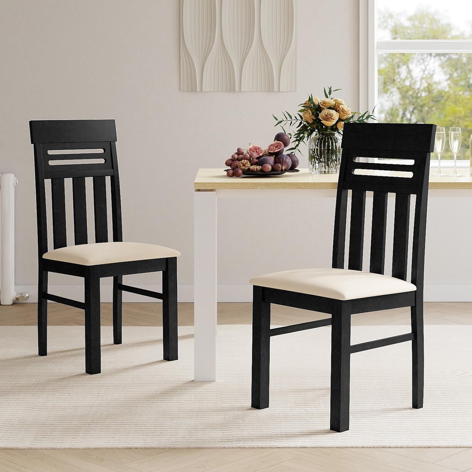 Giantex Wooden Dining Chairs Set of 2, High Back Black Dining Room Chairs with Padded Seat & Rubber Wood Frame, PU Leather Farmhouse Side Chairs for Kitchen Living Room