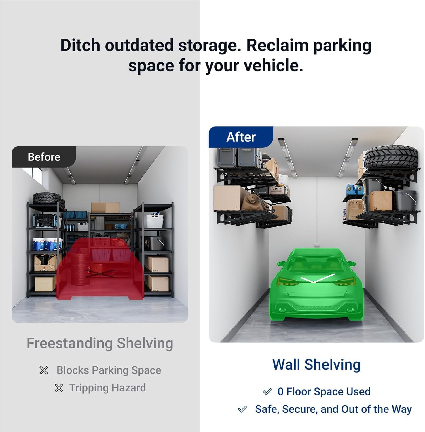 FLEXIMOUNTS 4 Pack Garage Shelving, 2 x 3 ft Each Heavy-Duty Garage Storage Shelves, 1400 lbs Load Capacity, 24"x72" Garage Wall Shelving for Garage, Pantry, Workshop, Black, Classic Series