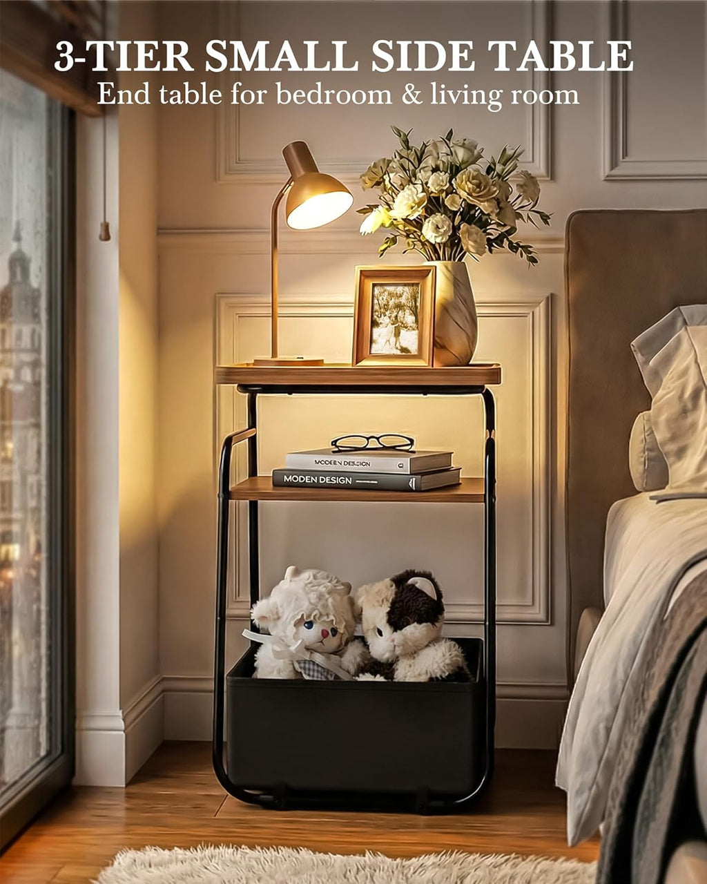 3 Tiers End Table with Fabric Basket, Small Side Table for Small Spaces, Modern Decor Nightstand with Handle, Tv Tray for Living Room, Bedroom, Dorm, Walnut