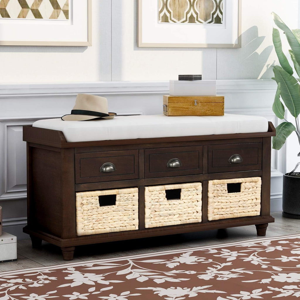 Rustic Storage Bench Narrow Entryway Bench with 3 Drawers and 3 Rattan Baskets Shoe Bench for Hallway Living Room Entryway Espresso Easy Assembly 42.1''× 15.40''× 21''