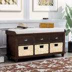 Rustic Storage Bench Narrow Entryway Bench with 3 Drawers and 3 Rattan Baskets Shoe Bench for Hallway Living Room Entryway Espresso Easy Assembly 42.1''× 15.40''× 21''
