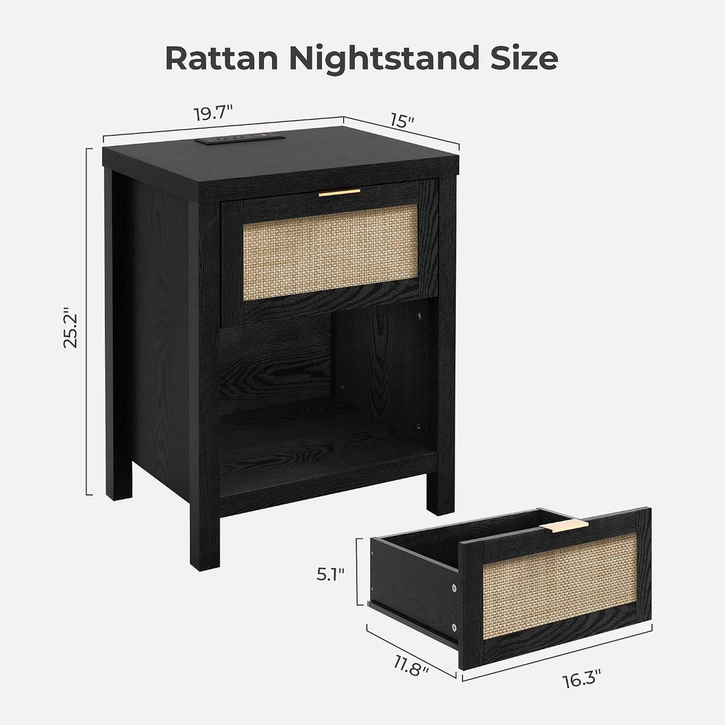 SICOTAS Black Rattan Nightstands Set of 2 with Charging Station | Modern Night Stand with Drawer, Bedside Table with USB and Type-C Ports, Bed Side Tables for Bedroom, Black Oak, 2 PCS