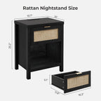 SICOTAS Black Rattan Nightstands Set of 2 with Charging Station | Modern Night Stand with Drawer, Bedside Table with USB and Type-C Ports, Bed Side Tables for Bedroom, Black Oak, 2 PCS