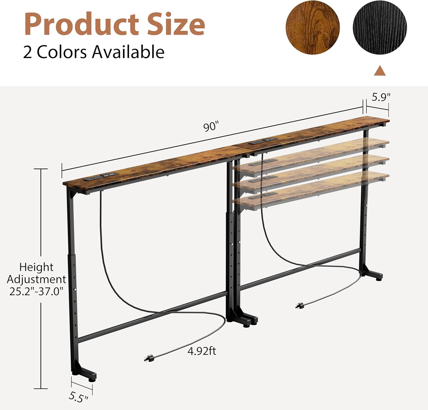 GRLEAF 2 Pack Adjustable Height Narrow Console Table with Power Outlets, 90" Long Sofa Table with Charging Station Behind Couch Table Entryway Table for Living Room and Hallway – Rustic Brown