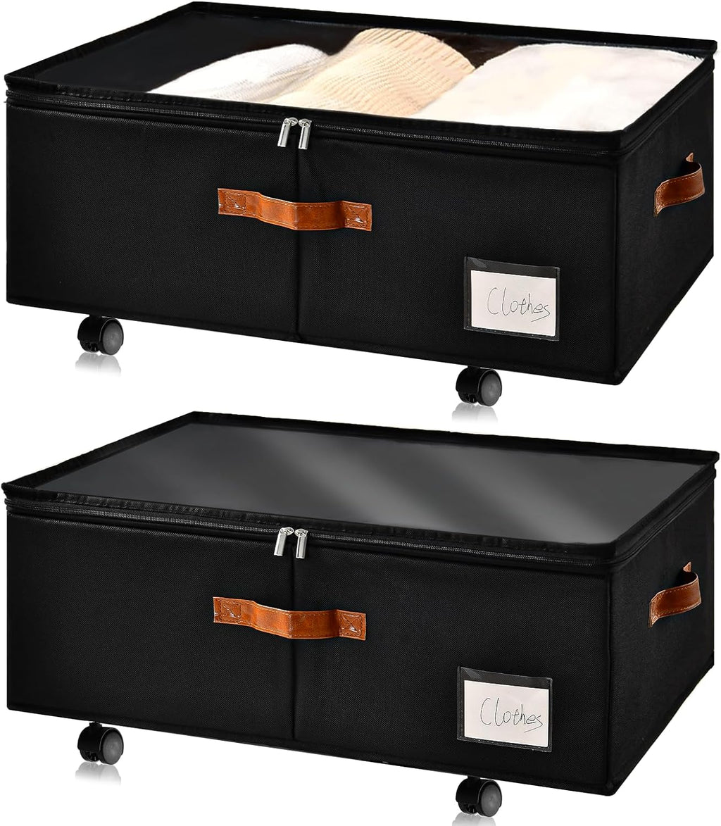 Freebat Under Bed Storage Organizer with Wheels 2 Pack, 10 inches Height Underbed Container with Clear Lid Cover, Storage Bag Box with Visiable Window for Clothes, Bedsheet, Pillow