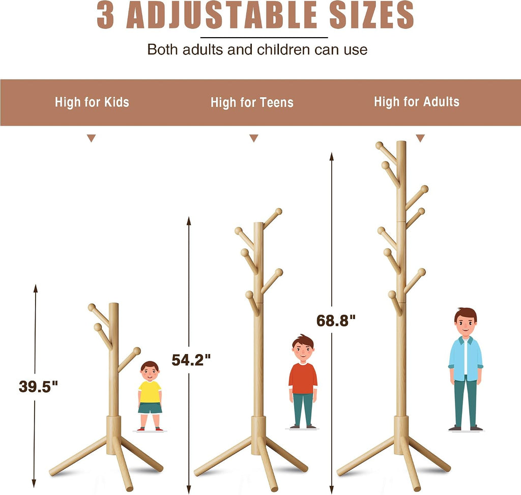 8-Hook Freestanding Coat Rack 3 Heights Safe Round Tips Nature | Smooth Round Tips Prevent Slipping,Tool-Free Assembly,Holds Clothes Hats Handbags,Ideal for Entryway Bedroom Hallway Office