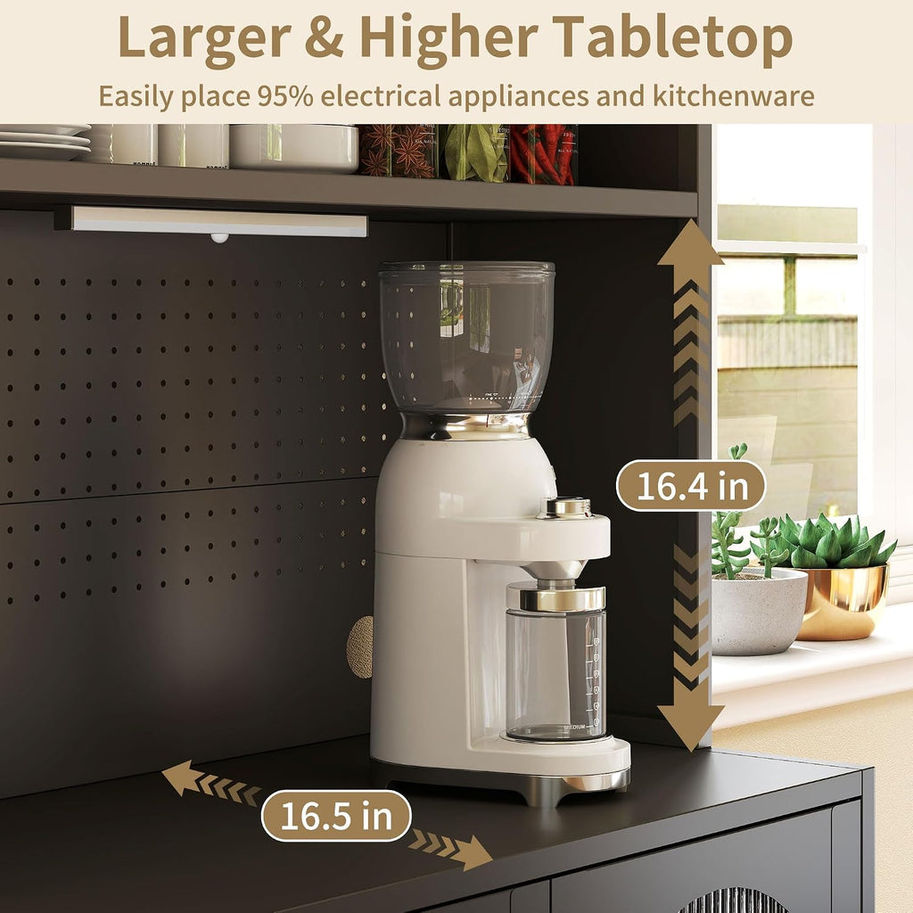 BECHEAO 5 Tier Metal Kitchen Pantry Storage Cabinet with LED Sensor Light, 66" Tall Food Pantry Cabinet, DIY Pegboard, Adjustable Shelves, Microwave Stand & Coffee Bar with Storage for Kitchen, Black