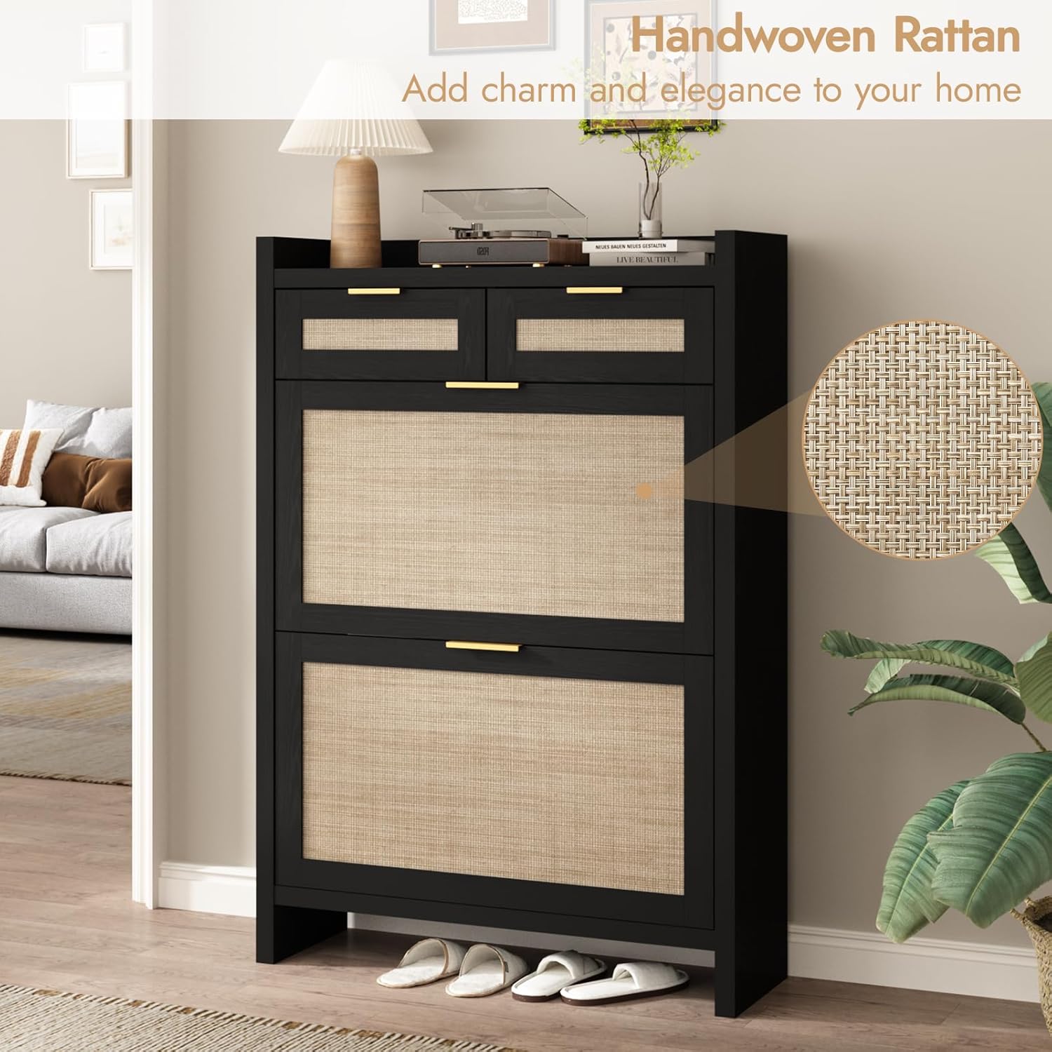 HOKYHOKY Rattan Shoe Storage Cabinet with 2 Drawers & 2 Flip Drawers – Hidden Slim Shoe Organizer for Entryway, Large Tabletop Space, Farmhouse Boho Narrow Shoe Rack, Rustic Black