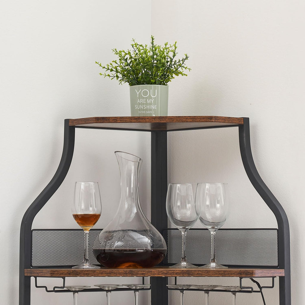 IDEALHOUSE Corner Wine Cabinet with Removable Wine Rack, Industrial Wine Cabinet with Glass Holder and Mesh Door, Liquor Coffe Bar Cabinet with Adjustable Shelves, Rustic Brown