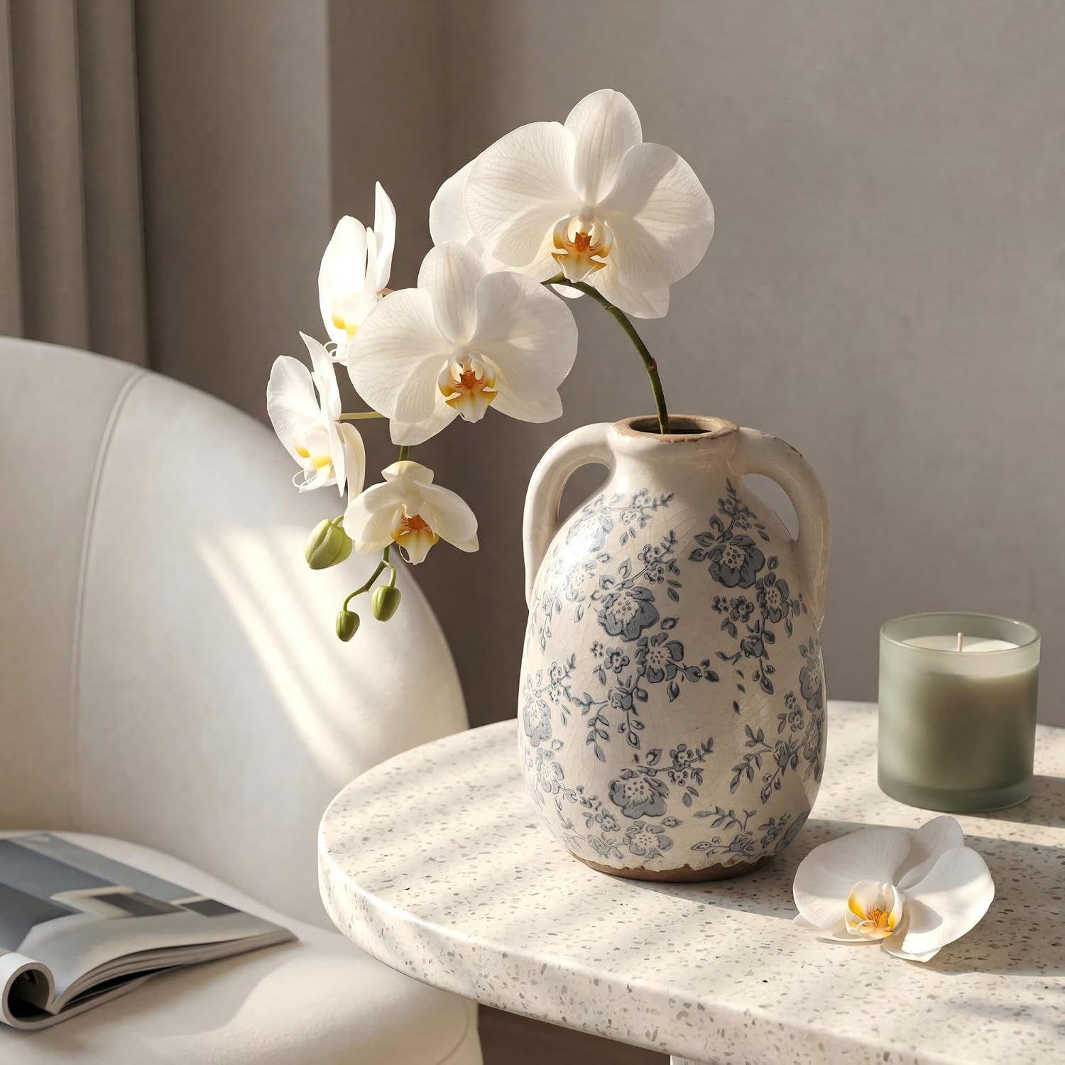 Ronasip Vintage Chinoiserie Blue and White Ceramic Vases Decor 7” Retro Ice Crackle Hand-Painted Peony Ceramic Pitcher Antique Style Home Decor (7.5 Inch Blue and White)