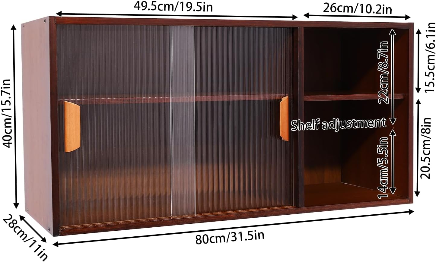 Wall Mounted Kitchen Pantry Sideboard with 2 Doors, Freestanding Wall Storage Cabinet, 2-Tier Countertop Pantry Cabinet for Storing Dinner Plates, Bowls, Spices, Cups (Walnut Color)