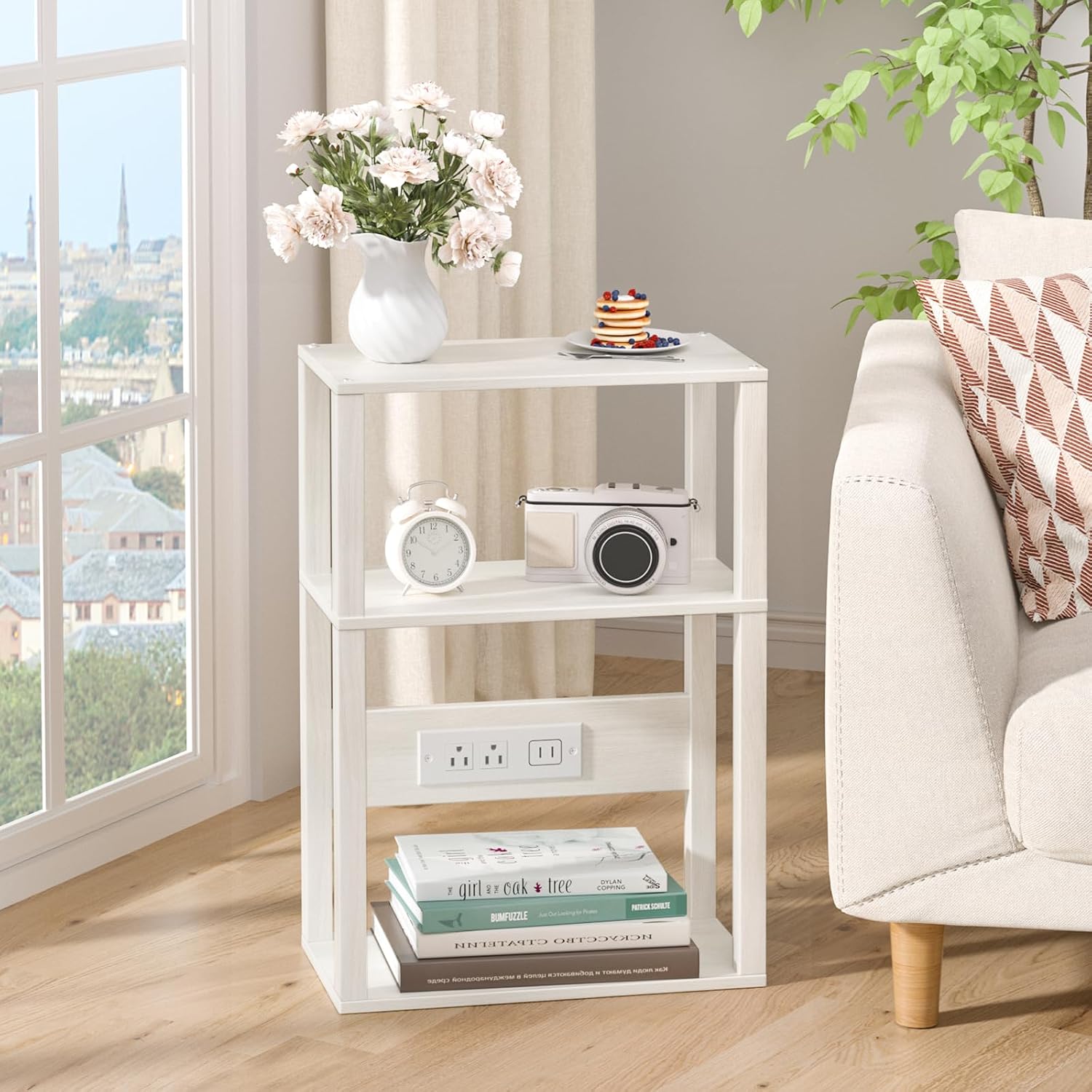 YUFAM 3-Tier Small Narrow Wood Side Table with Charging Station, Skinny Nightstand for Small Space, Slim Bedside Table with Storage for Couch, Thin End Table with USB Ports and Outlets, Grey White