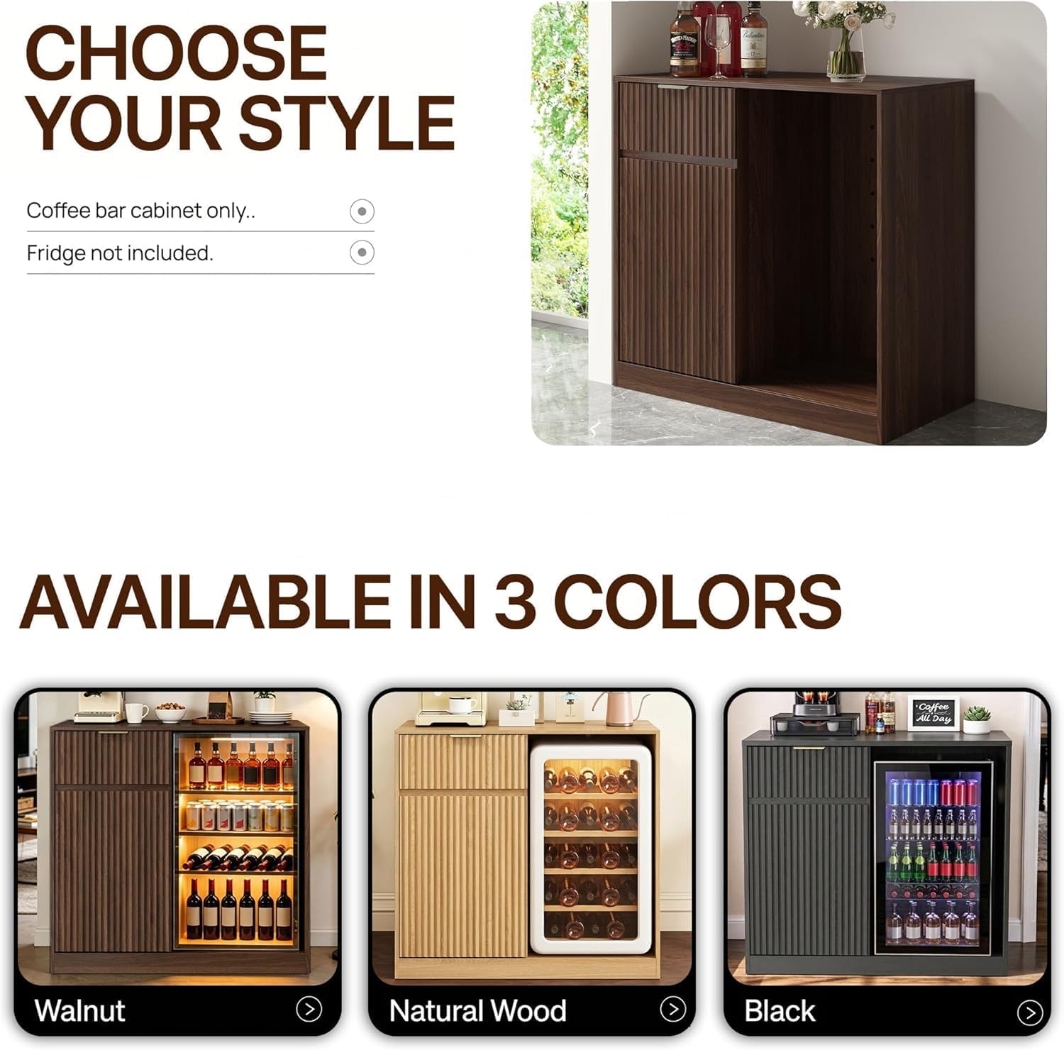 Mini Fridge Cabinet with Power Outlet, Coffee Bar Cabinet with Fridge Space & Wine Glass Rack, Fluted Buffet Sideboard with Drawer & Adjustable Shelf, Home Bar Cabinet for Living, Dining Room Kitchen