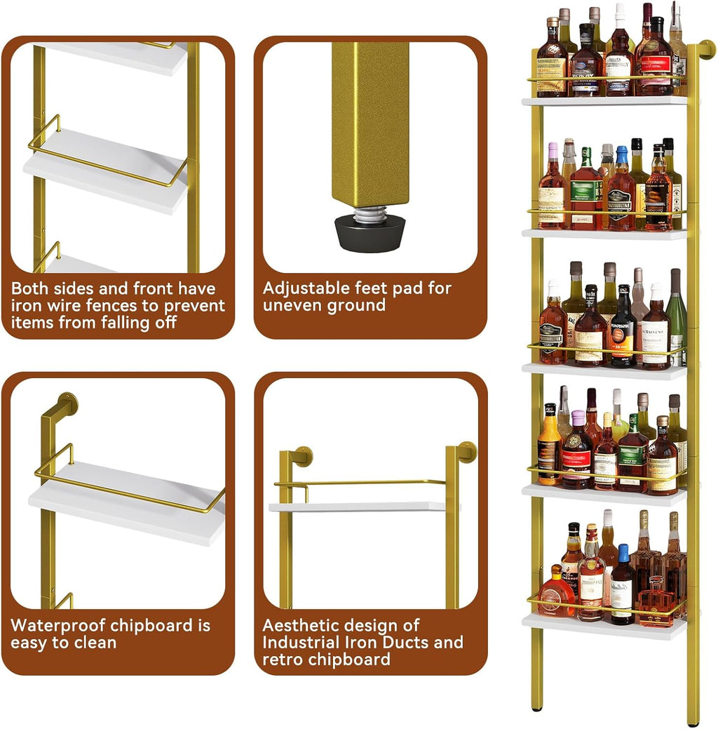 YMYNY 5-Tier Freestanding Wine Rack, White with Gold, UHWR001G | With Fences, Wall Mounted Floating Shelf, Bottles Holder, Liquor Cabinet Storage 16.93" L x 7.87" W x 69.68" H for Kitchen