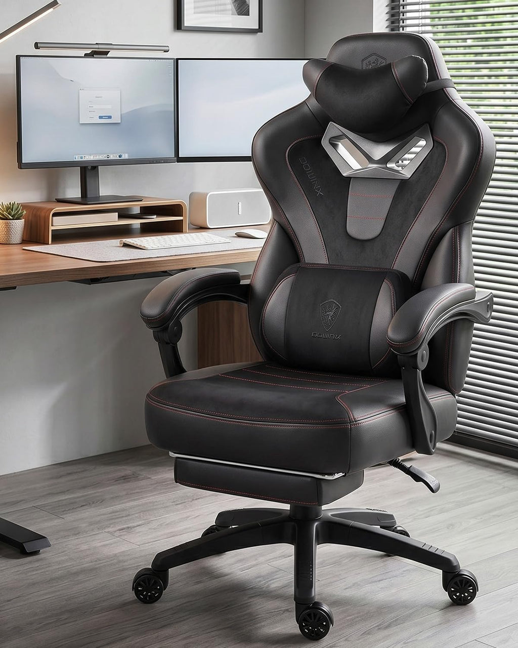 Dowinx Gaming Chair with Footrest, Big and Tall Gaming Chair for Heavy People, Ergonomic Gaming Chair for Adults, Reclining Computer Game Chair with Massage Lumbar Support, Black