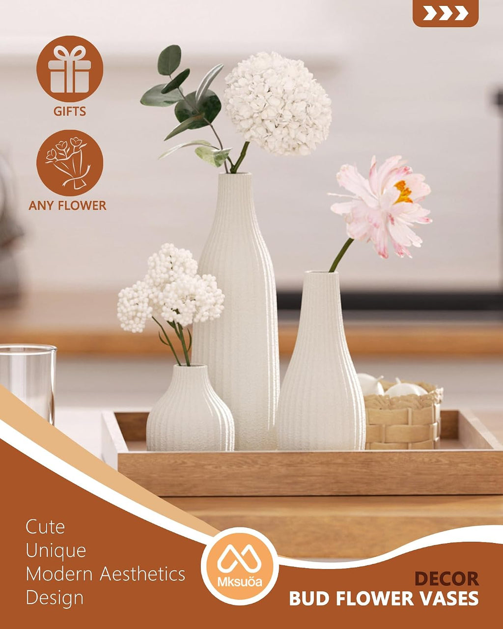 Decorative Flower Vase Set of 3 - Modern Boho Style White Vases, Ribbed Textures Ceramic Vase for Home Decor Shelf Bookshelf Mantle TV Stand Entryway Console, Dining Table Centerpiece Decor