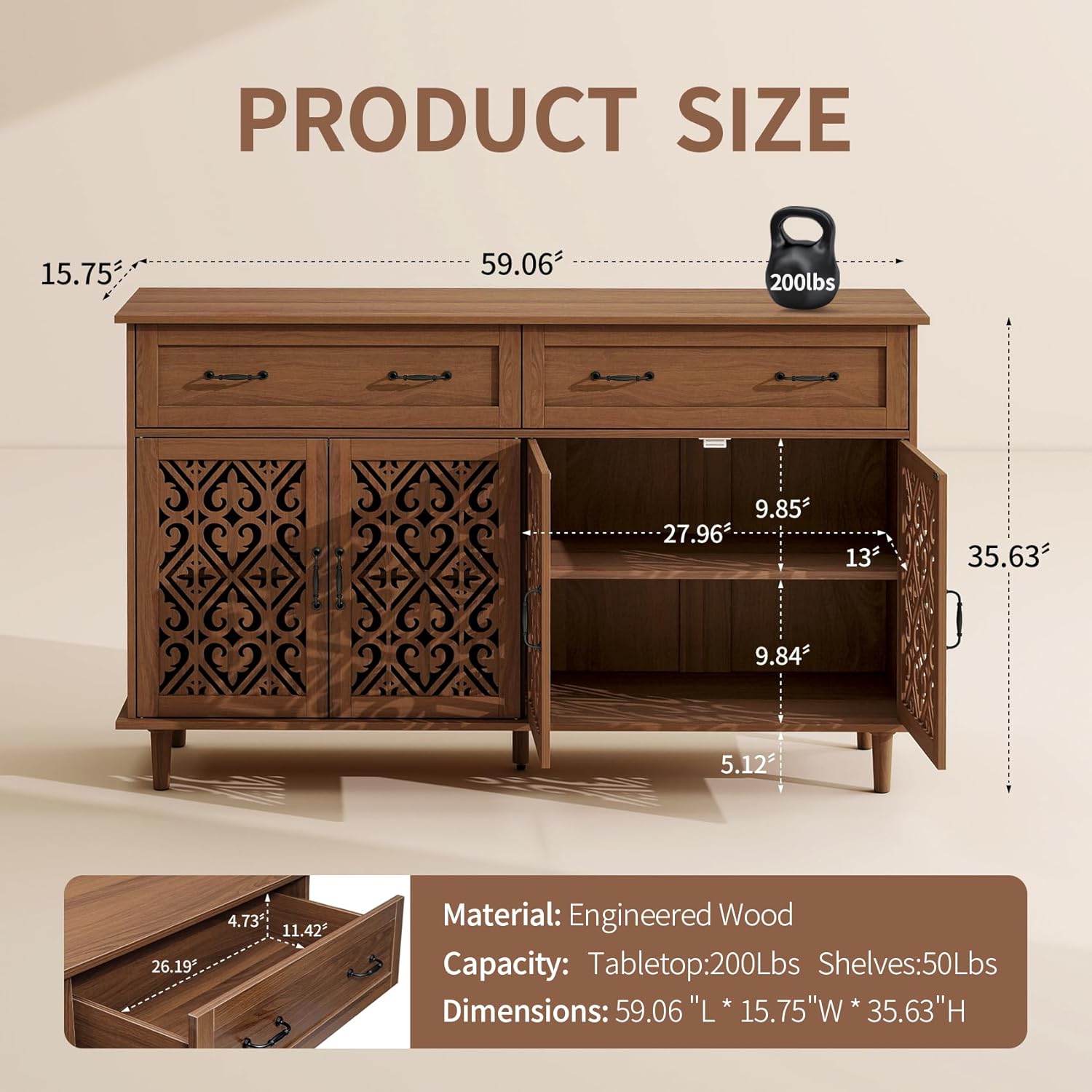 59" Accent Sideboard Buffet Cabinet with Storage,Credenza with Vintage Carved Doors and Adjustable Shelves,Entryway Cabinet,Storage Cabinet for Living Room,Dining Room,Entryway,Walnut
