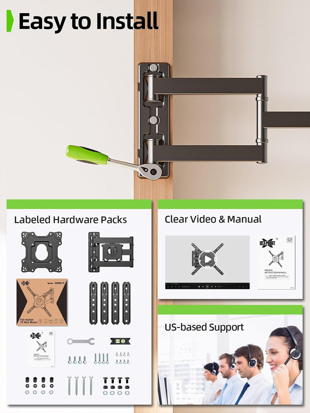 USX Mount TV Wall Mount for Most 26-60 Inch TVs up to 77 lbs, Full Motion Wall Mount TV Bracket with Swivel Tilt Single Stud Design for Corner, Max VESA 400x400mm fit Most 32 40 42 43 50 55 60 TVs
