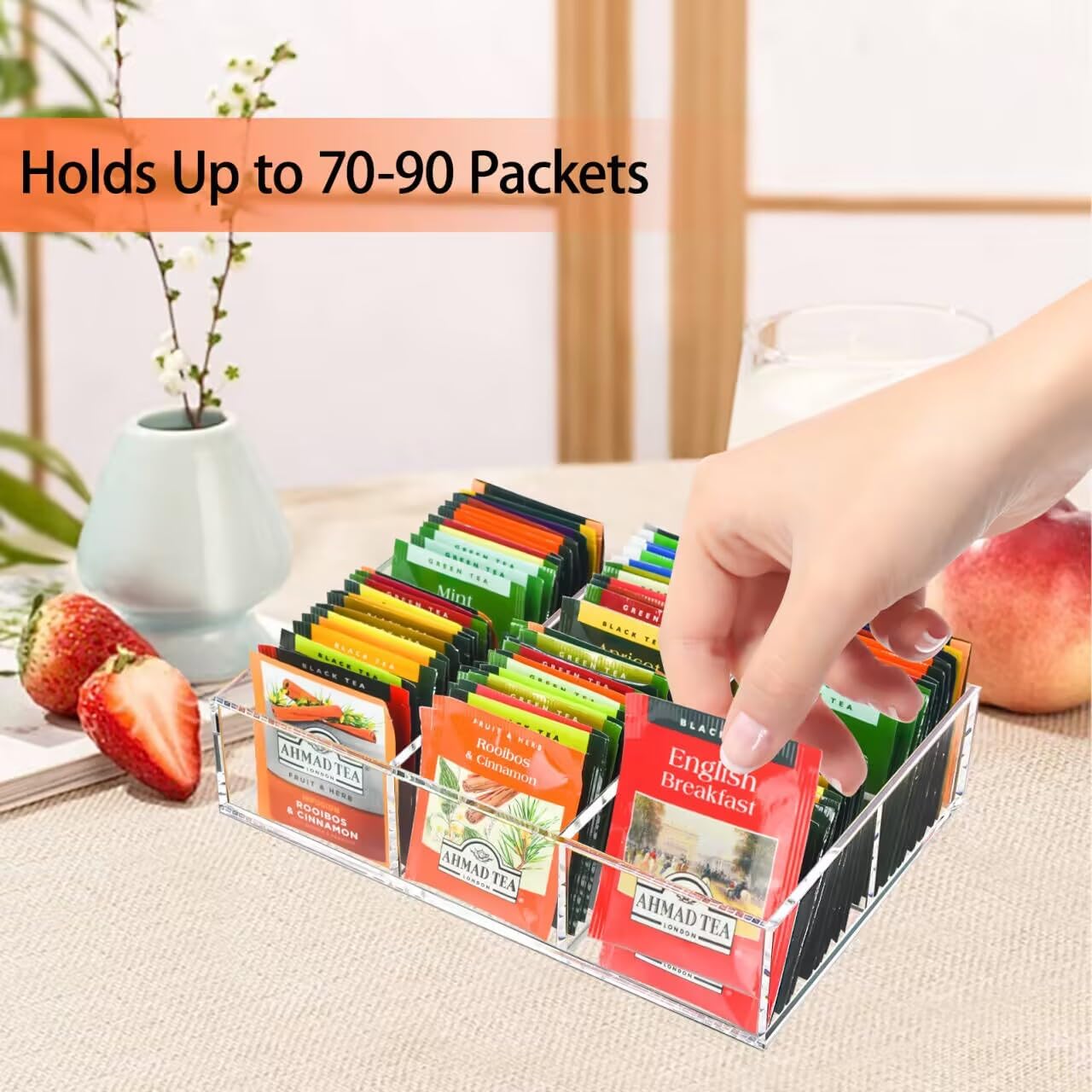 Tasybox Acrylic Tea Bag Organizer, Clear Tea Bag Holder, Drawer Organizer | Tea Bag Holder with Removable Dividers, 6 Slot Tea Organizers and Storage for Countertop, Drawer, Pantry, Kitchen, Cabinet