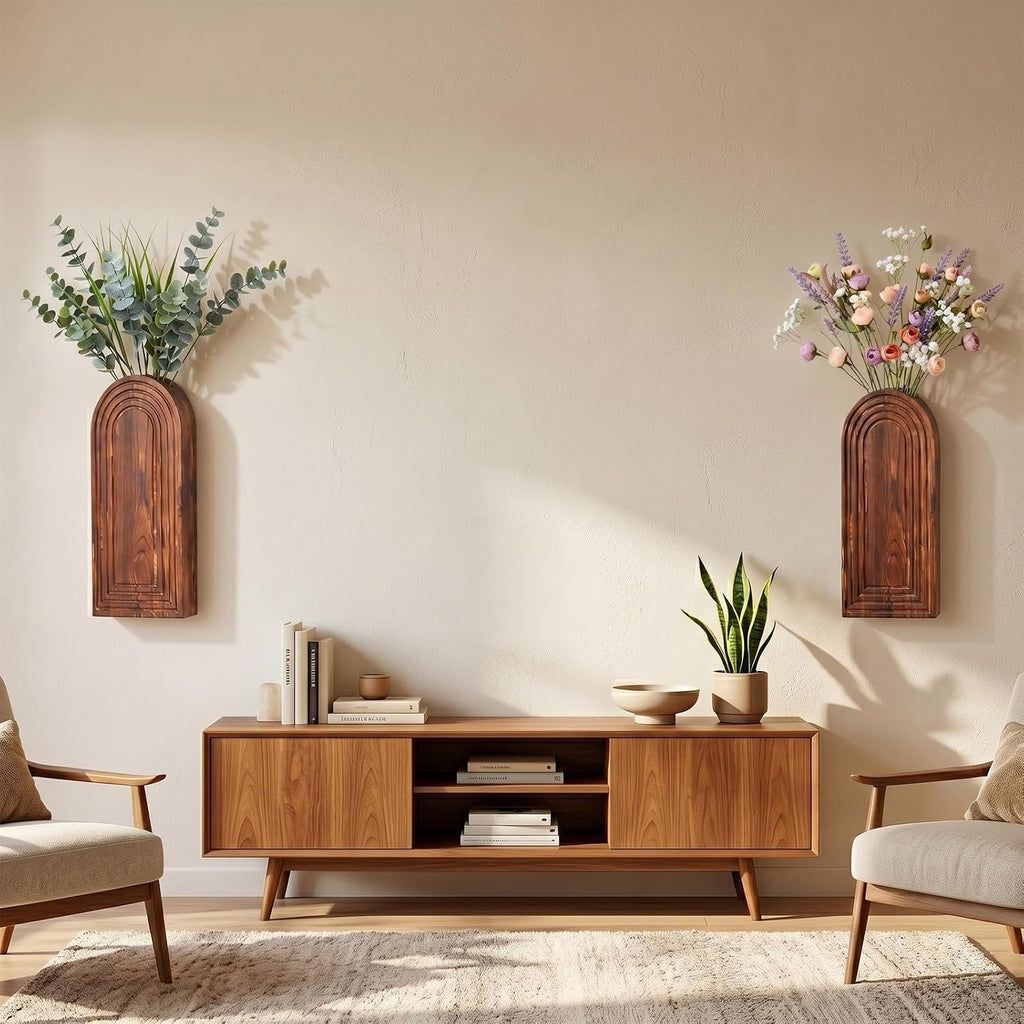 2 Pack Wooden Wall Vase, Dark Brown Hanging Wall Planter, Modern Boho Wall Decor, Farmhouse Entryway Bathroom Wall Decor, Rustic Art for Living Room, Bedroom, Dining Room