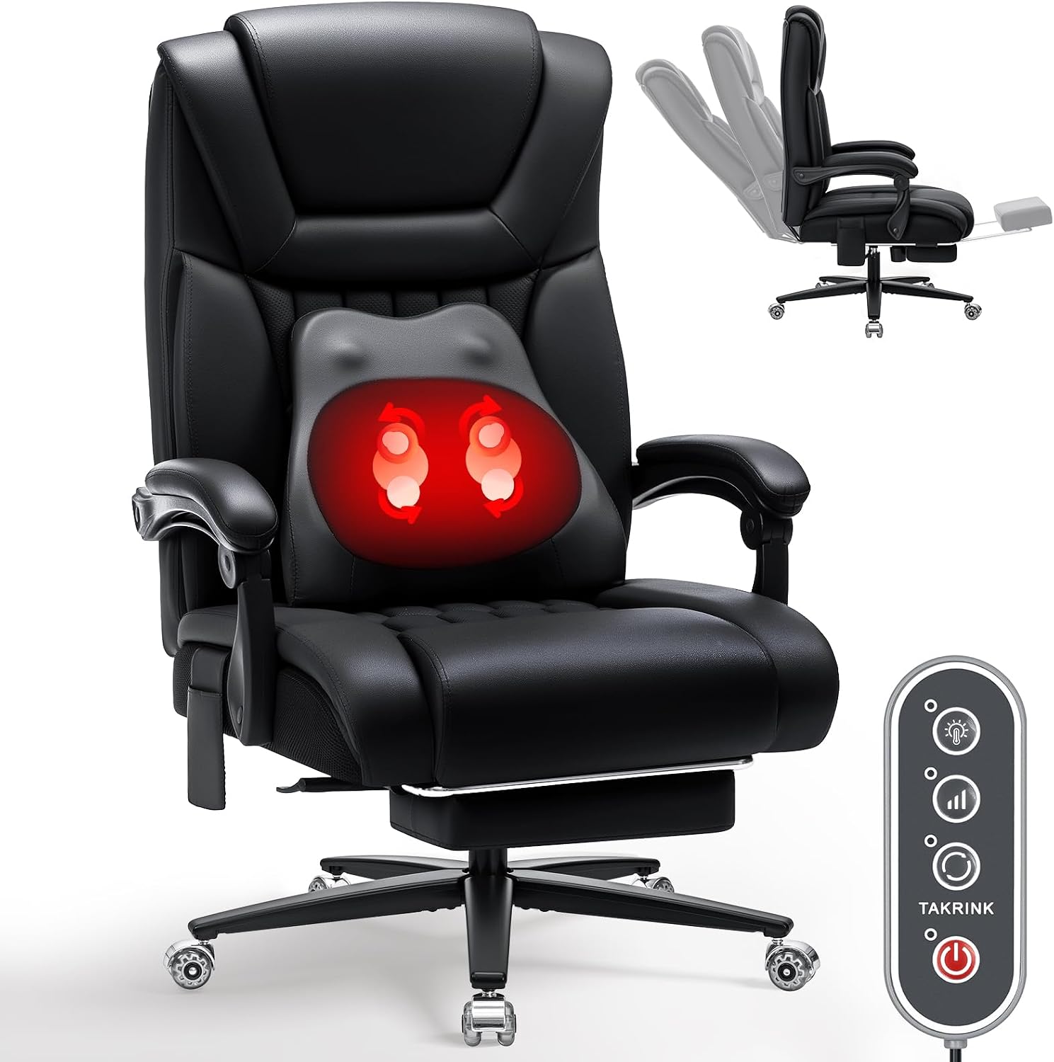 HOFFREE 500lbs Kneading Massage Office Chair with Heat for Heavy People Big and Tall Office Chair with Footrest and Lumbar Support Pillow for Bedroom,Office,Conference Room (Black)