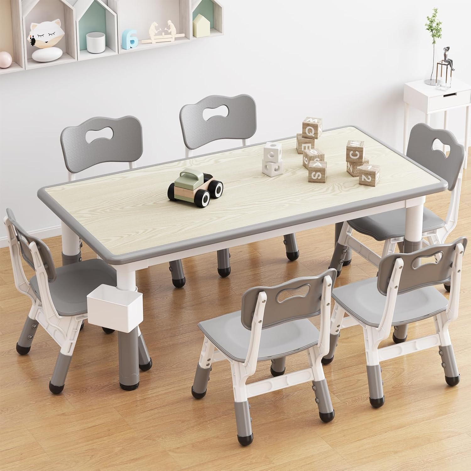 IDEALHOUSE Kids Table and 6 Chairs Set, 47" l x 24" w Height Adjustable Toddler Activity Table with Storage Boxes & 12 Water Pens, Wipe-Clean Wood Grain Desktop for Home Classroom Daycare Gray