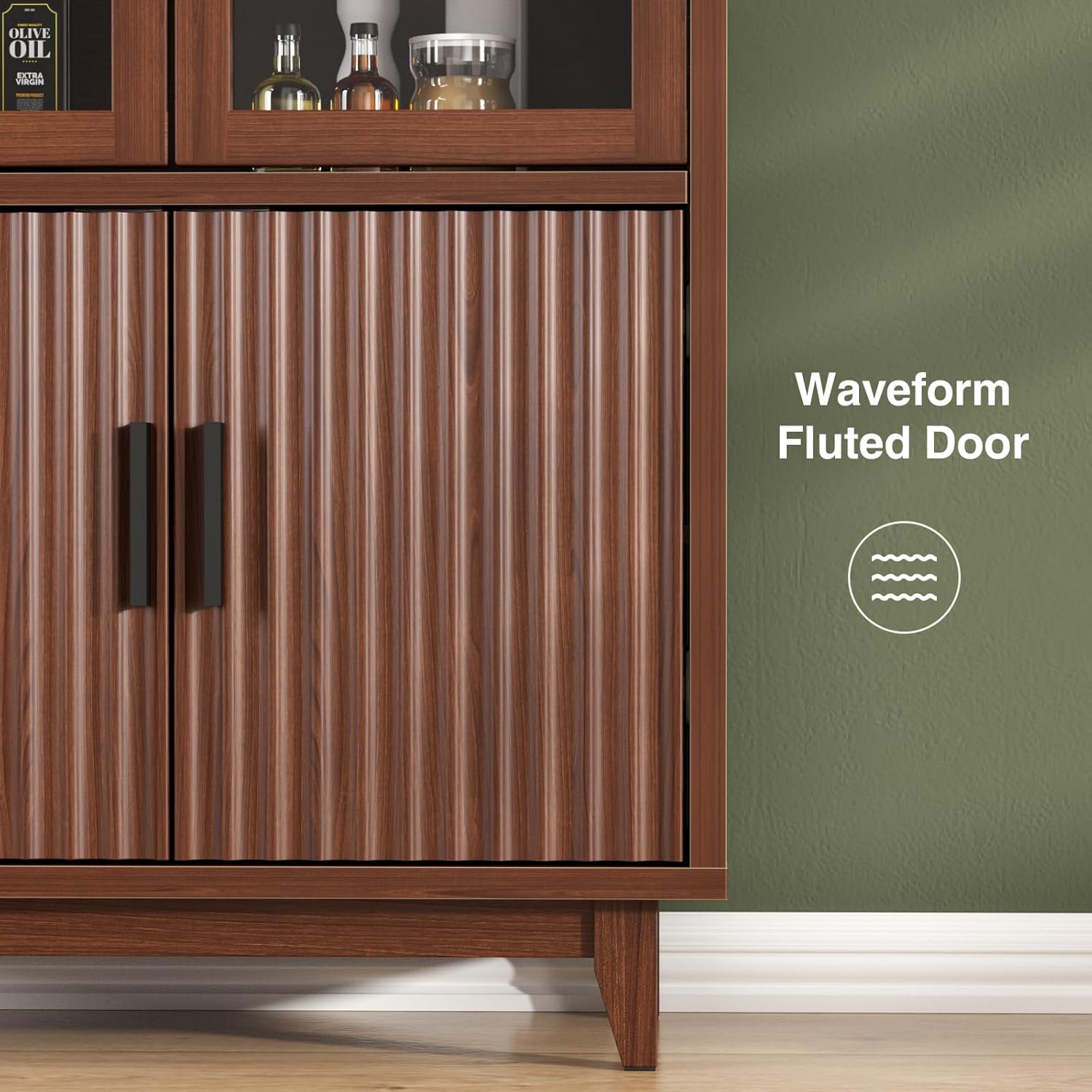 FiveWillowise Kitchen Pantry Cabinet with Glass Doors - Arched Design, Solid Wood Legs, Artistic Fluted Door, Adjustable Shelves, 70.8" Curved Storage Cabinet for Kitchen, Dining Room