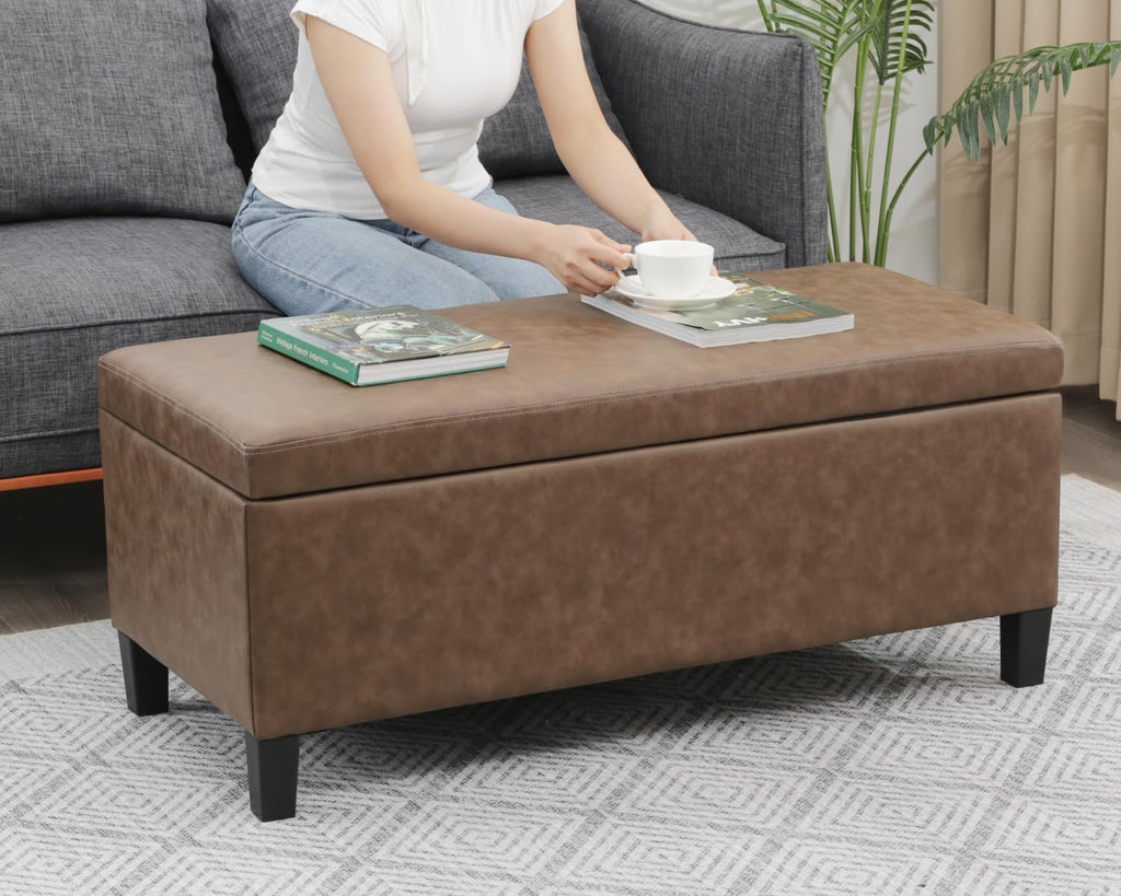 Adeco 42 Inch Faux Leather Storage Ottoman Bench, Upholstered Lift Top Coffee Table with 30 Gallon Storage for Entryway & End of Bed, Mid-Century Modern, Light Brown Camel, Supports 665 lbs